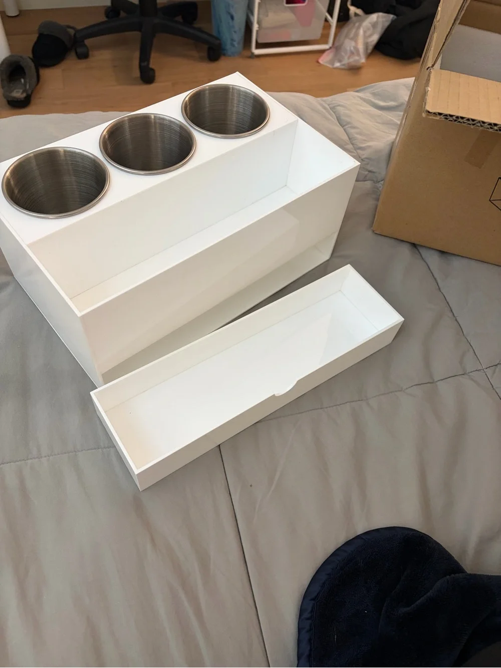 White Bathroom Hair Tool Organizer with Stainless Steel Cups